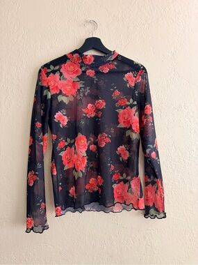 River Island Black Sheer Mesh Top with Pink Floral Print